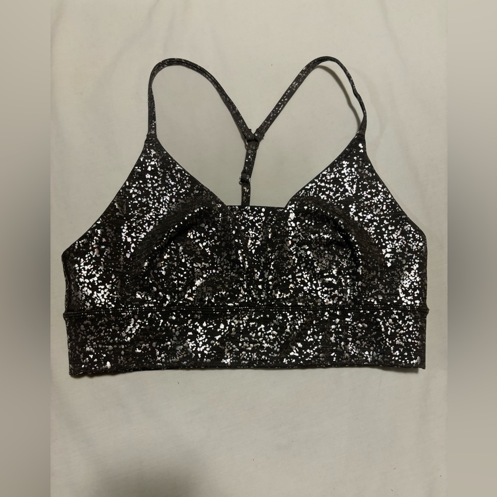 Sweaty Betty Goddess Bra, gray & silver scatter foil, L
